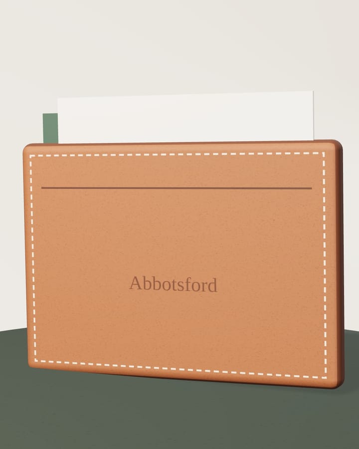 Abbotsford Leather card wallet, a close-up of the label